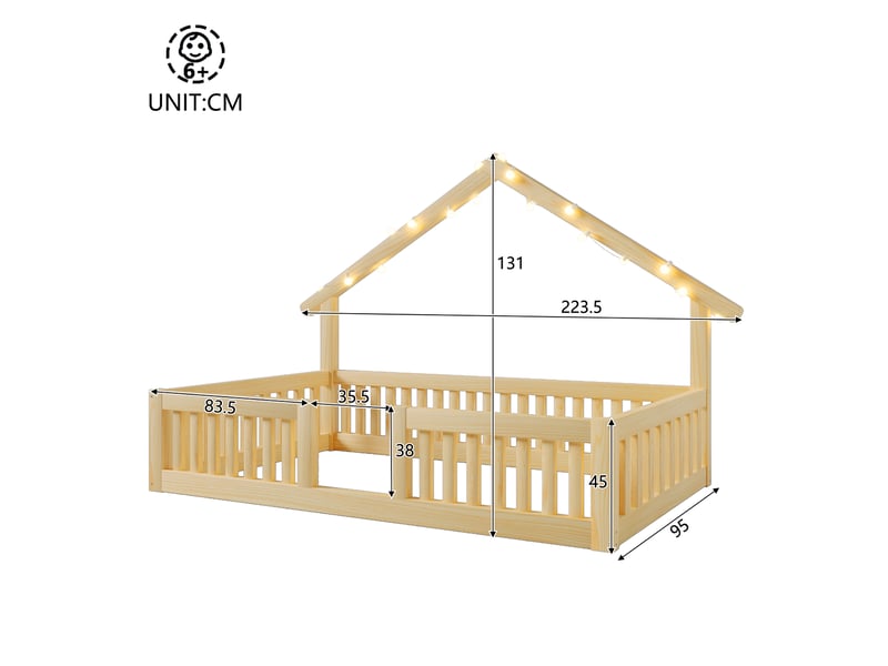 Lit cabane 90x200 cm, structure en bois, coloris naturel, éclairage led, ports usb et usb-c, garde-corps, design cabane, gain de place optimisé - Conforama C