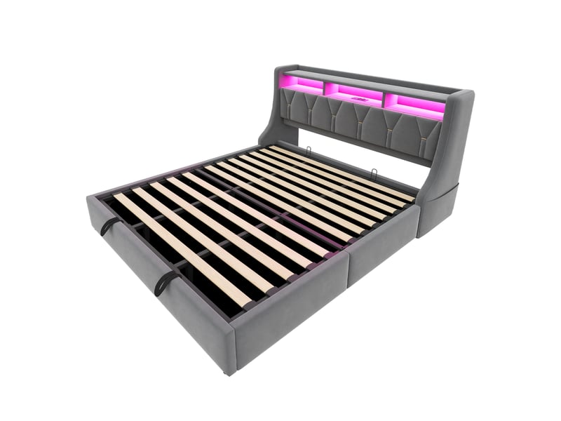 Lit double coffre 180x200 cm - lit coffre avec rangement hydraulique - tête de lit led, usb &amp; type-c - gris  - Conforama E