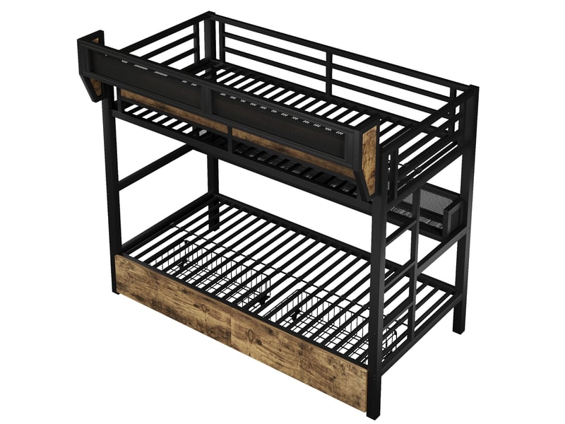  Lit mezzanine noir 90 × 200 cm, led, étagère, panier de rangement et 2 tiroirs  - Conforama D
