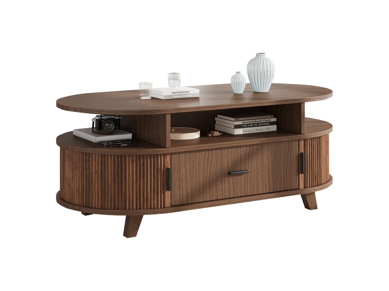  Table basse à bords arrondis 100 x 50 x 40 cm pour le salon, 1 tiroir, 2 portes à rideau, niches ouvertes, mdf et pieds en bois massif, décor noyer Luxe haut de gamme - Conforama A