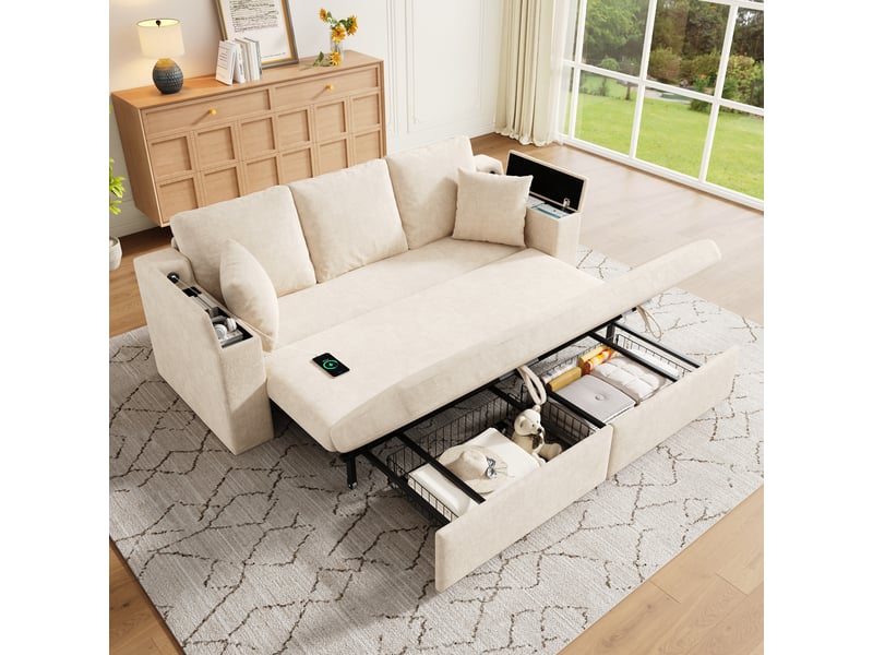 Canapé droit convertible 3 places tissu beige canapé beige - Conforama E