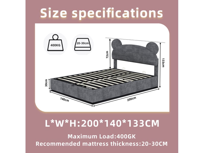  Lit enfant coffre 140x200 cm, tête à oreilles, grand rangement, avec matelas 23 cm, velours et métal gris  - Conforama C