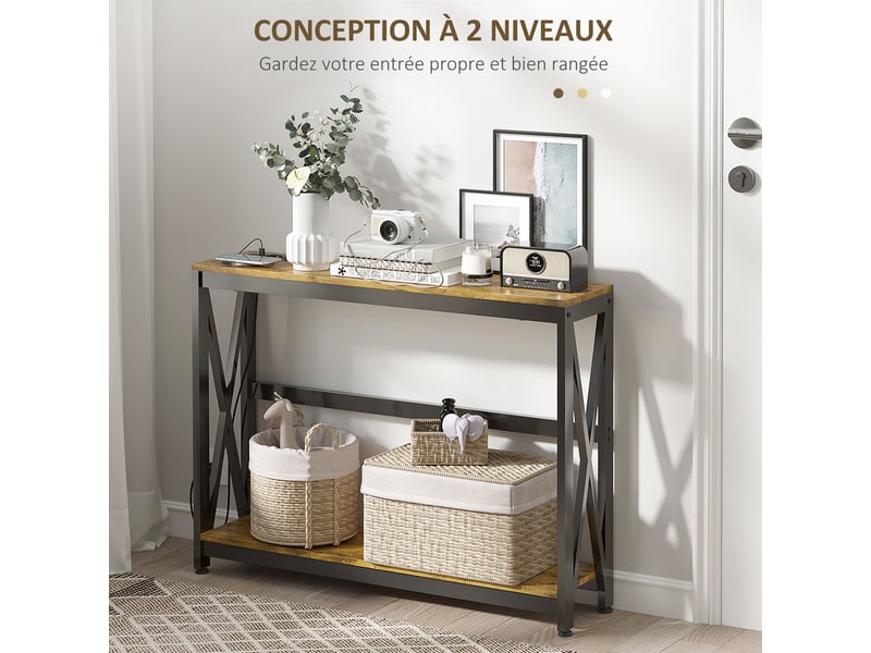  Console meuble étroite à 2 niveaux style industriel avec prises de courant et usb, marron, 100 x 24 x 75 cm  - Conforama E