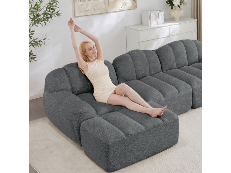 Canapé d’angle coquille 3 places avec pouf gris – 288 x 165 x 79 cm Fay Lum - Conforama R