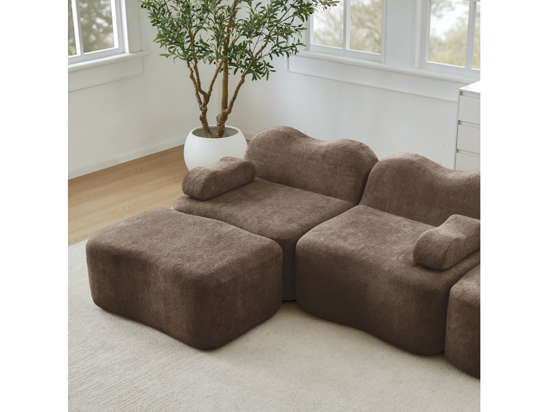 Canapé d'angle modulable 4 places en velours marron avec 2 poufs, forme u et confort pour le salon - Conforama D