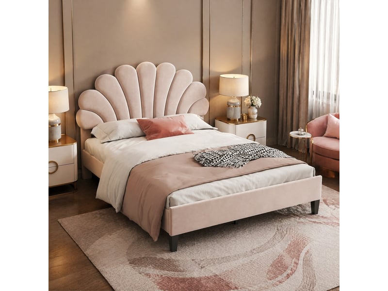  Lit double capitonné 200×140 cm avec tête de lit en forme de fleur et sommier à lattes, sans matelas, en velours beige  - Conforama B