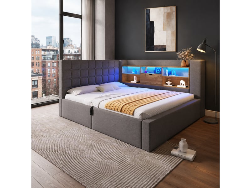  Lit coffre 140 x 190 cm gris en tissu de lin avec led, rangements et tête de lit réversible  - Conforama C