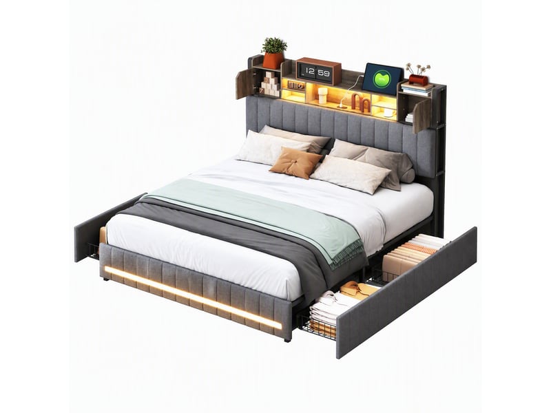  160 x 200 cm lit coffre rembourré avec tête de lit intégrant des rangements et 4 tiroirs ; cadre de lit deux places moderne gris foncé avec bande led et ports usb (matelas non inclus) 240727HGY0302#ADHWsCXSefFRHF - Conforama A