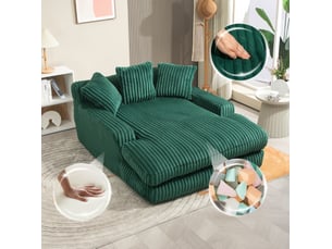Chauffeuse convertible modenvie en velours côtelé vert émeraude 125 x 155 x 63 cm avec 3 coussins