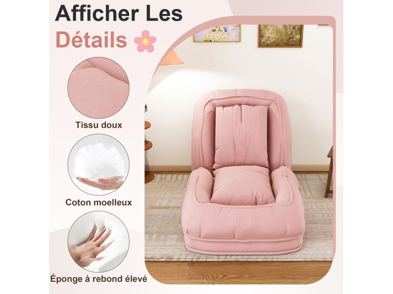 Canapé-lit pliable modenvie pour adultes et animaux de compagnie, 5 positions, 2 coussins, velours côtelé rose, 180 x 90 x 26 cm  - Conforama E