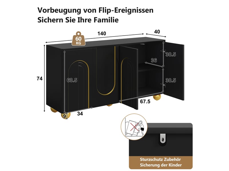  Buffet noir 4 portes motif texturé accents dorés 140x40x74cm  - Conforama E
