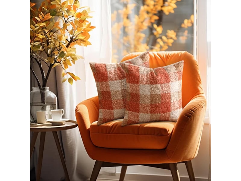  Lot de 2 housses de coussin d'automne - 45 x 45 cm - orange à carreaux - décoration halloween - coussin fait main avec effet - en peluche  - Conforama D