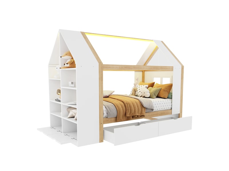 Lit cabane 90x200 cm, lit enfant, 2 tiroirs, led, bois naturel et blanc, forme maison  - Conforama B
