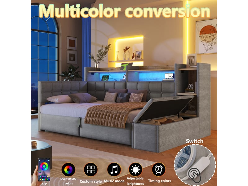  Canapé-lit 90x200 cm, lit enfant, couchage d'appoint, rangement hydraulique, led, velours gris foncé, usb et usb-c  - Conforama W