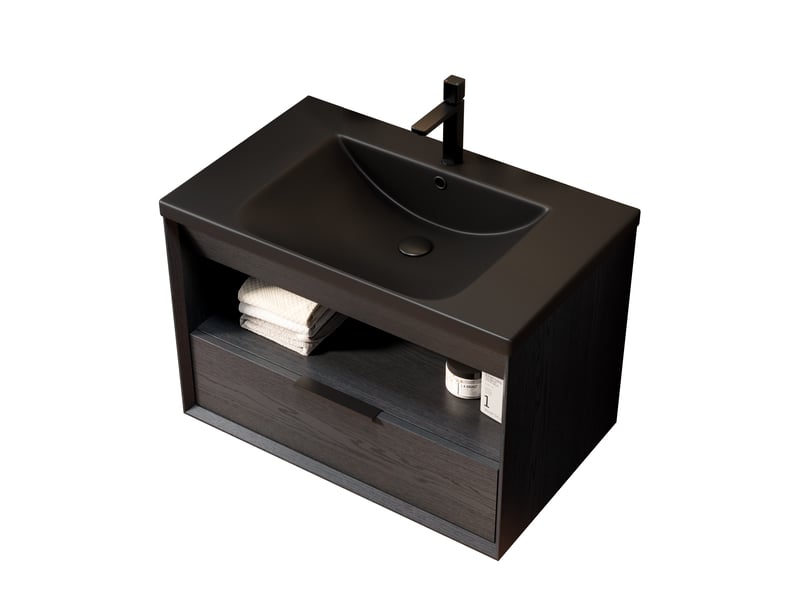 Meuble vasque suspendu 75 cm, vasque noire intégrée, tiroir, étagère, préassemblé, noir bois foncé - Conforama A