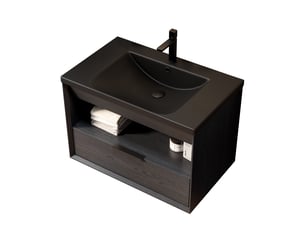 Meuble vasque suspendu 75 cm, vasque noire intégrée, tiroir, étagère, préassemblé, noir bois foncé
