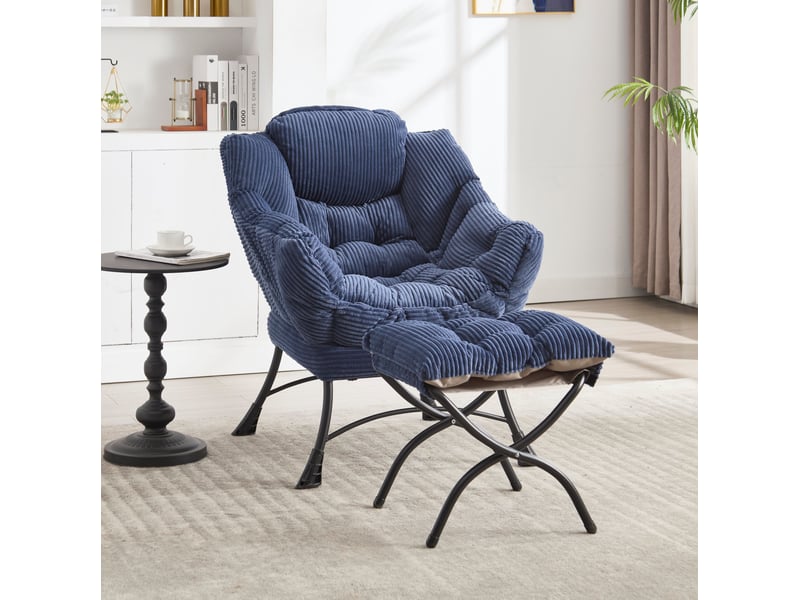Fauteuil relax avec repose-pieds, accoudoirs et poche latérale, dossier ergonomique en acier et tissu bleu marine - Conforama B