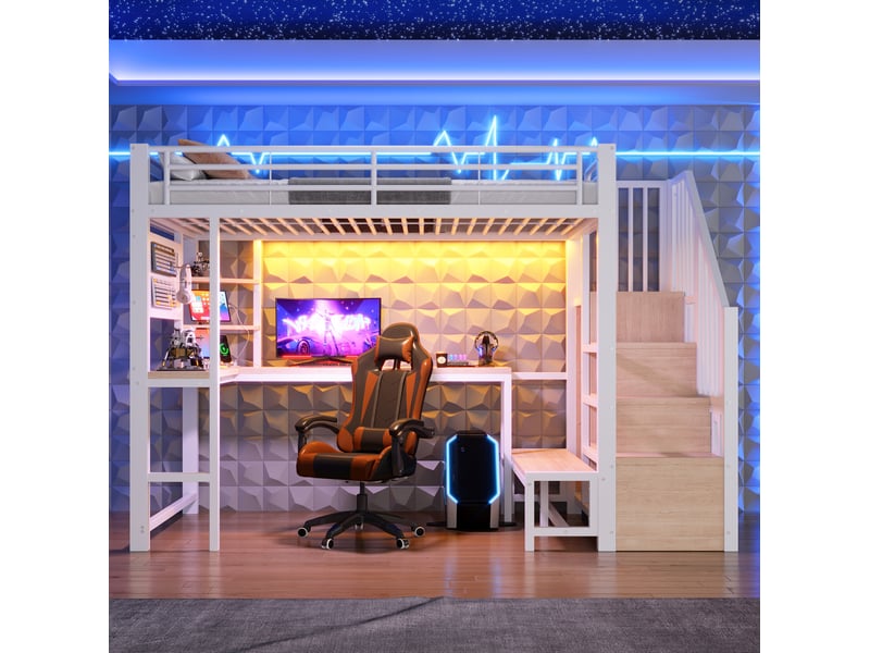  Lit mezzanine enfant 90 x 200 cm avec bureau, rangements, prises usb et usb-c, éclairage led, blanc  - Conforama D