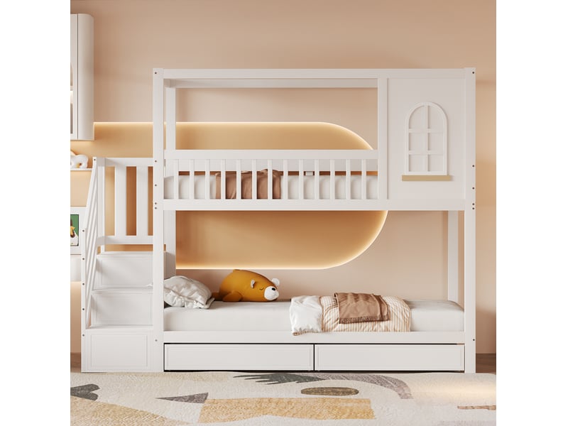  Lit superposé enfant 90x200 cm forme maison avec fenêtres, tiroirs et échelle de sécurité bois blanc sans matelas  - Conforama B