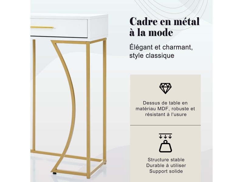  Rayofi console d'entrée 2 tiroirs, plateau mdf, structure métallique, 110 x 32 x 85 cm, blanc doré  - Conforama W