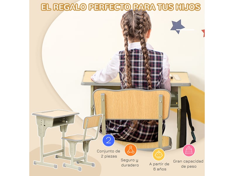  Ensemble bureau et chaise pour enfants de 6 ans et plus, hauteur réglable, avec tiroir et crochet, couleur naturelle  - Conforama E