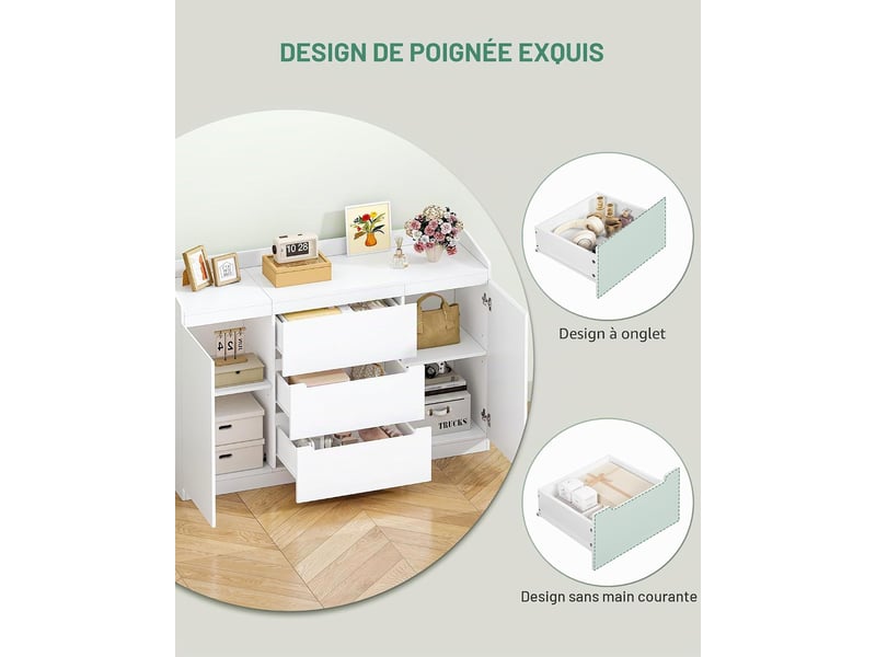 Commode blanc 3 tiroirs 2 portes meuble rangement 3 tiroirs, 2 portes, bois moderne 40 x 140 x 87 cm  - Conforama D