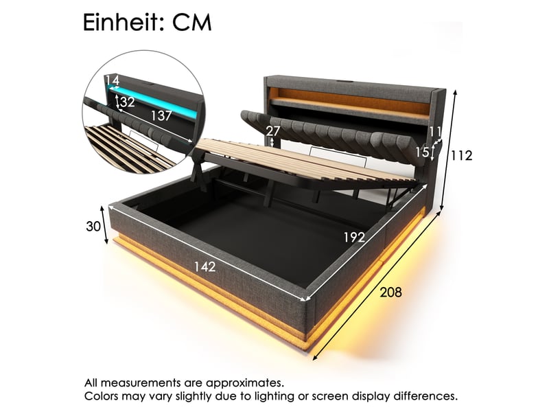  Lit double 140 x 190 cm avec rangement hydraulique, led, usb et type-c, gris, lin  - Conforama E