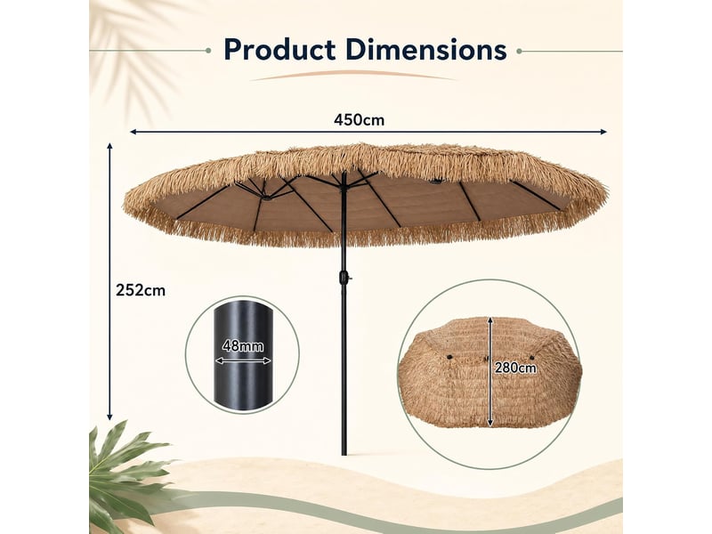  Parasol de jardin exterieur en paille pe 4,5x2,7m, grand parasol rectangulaire double exotique avec 12 baleines, manivelle, protection solaire  - Conforama C