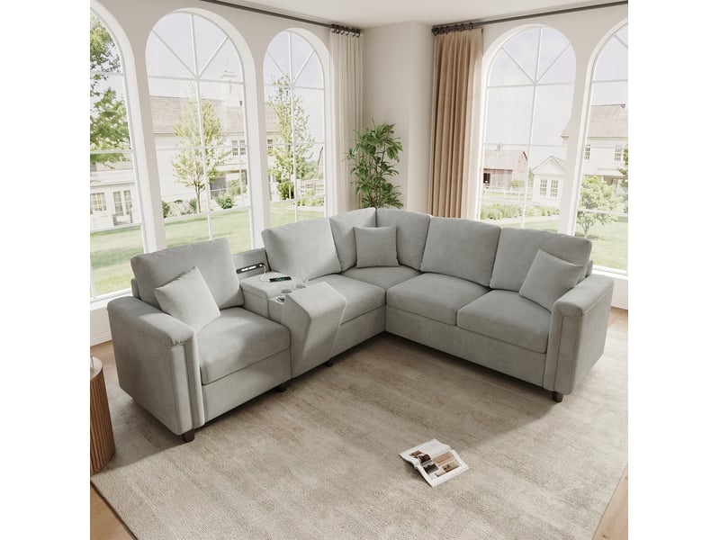  Canapé d’angle 5 places en chenille gris clair avec console de rangement et ports usb  - Conforama D