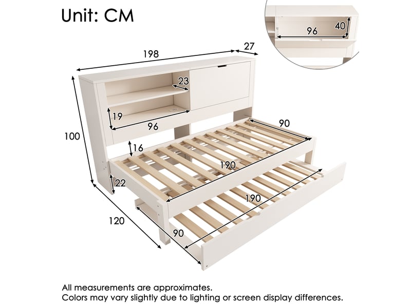  Elvmi lit banquette 90x190 cm avec lit gigogne, rangement intégré au dossier, station de charge usb et usb-c, structure en bois blanc, sommier à lattes, sans matelas  - Conforama C