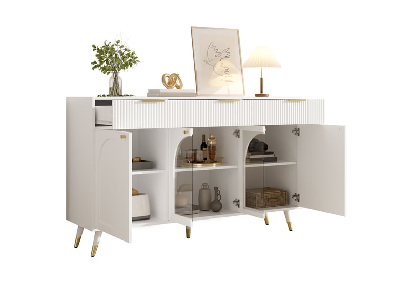  Buffet blanc 4 portes et 3 tiroirs, inserts en acrylique transparent, pieds en bois, 140 x 40 x 85,5 cm  - Conforama A