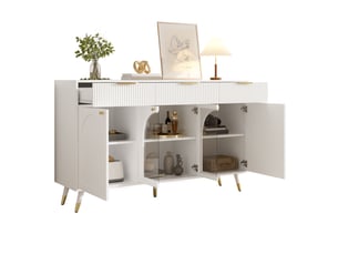 Buffet blanc 4 portes et 3 tiroirs, inserts en acrylique transparent, pieds en bois, 140 x 40 x 85,5 cm