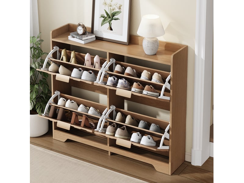  Meuble à chaussures 105 x 24 x 90 cm en mdf avec 4 compartiments abattants naturel chicfurn  - Conforama C