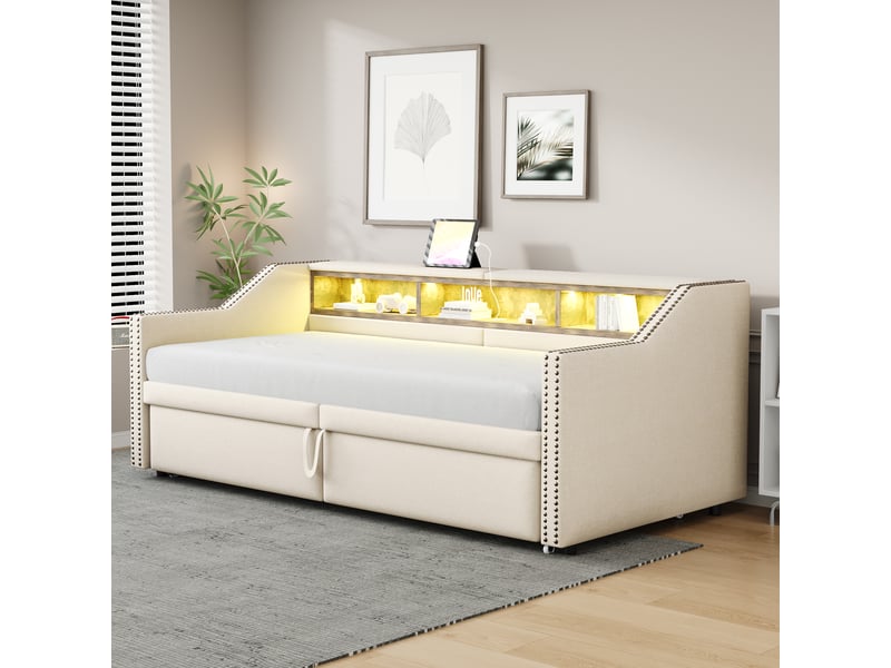 Lit banquette 2 places 90×200 et 180×200 cm extensible, led et usb - okmyhome- beige, avec deux matelas - Conforama C