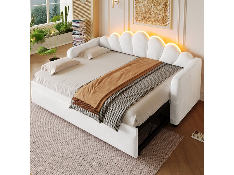  Lit gigogne 90x200 cm avec éclairage led, revêtement en velours blanc  - Conforama C