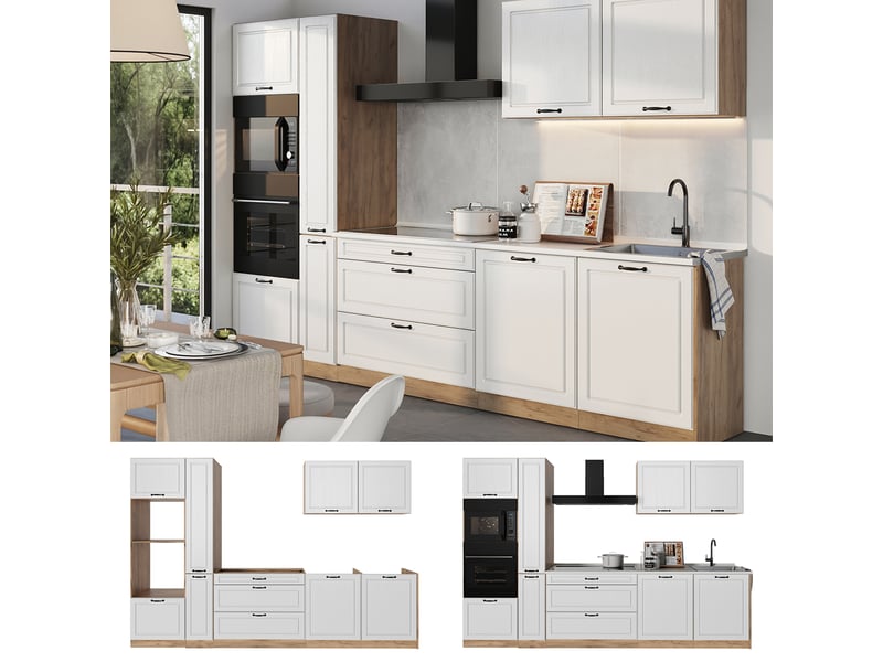  Vicco cuisine, blanc campagnechêne doré, 310cm plan de travail marbre  - Conforama D