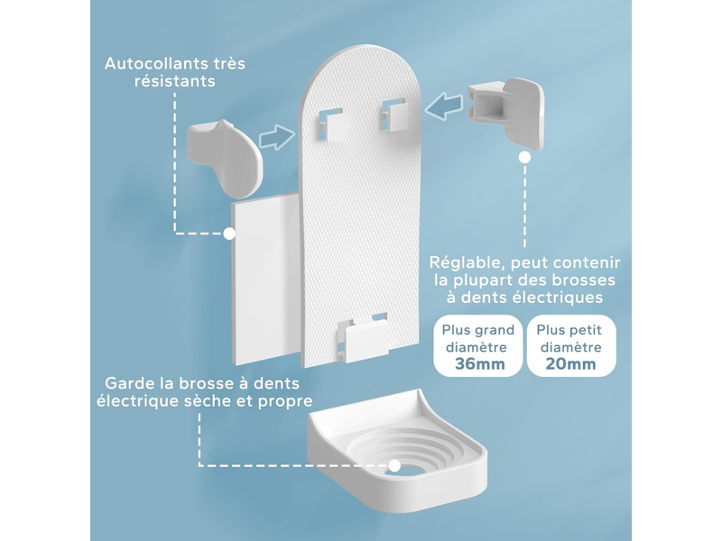 Blanc support brosse a dent electrique, porte brosse à dents electrique lot de 2, support mural brosse a dent electrique adhésif solide réglable organ - Conforama C