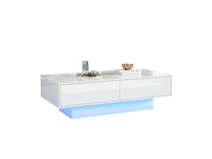 Table basse rectangulaire 115 x 55 x 34 cm avec éclairage led et 2 tiroirs de rangement, finition brillante, blanc