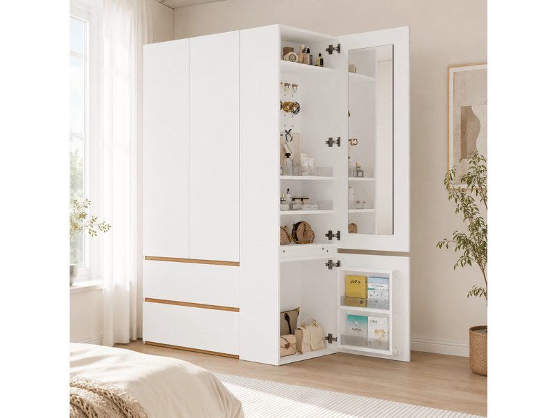  Armoire coiffeuse 120 x 50 x 200 cm avec miroir, penderie, 2 tiroirs et grand rangement combiné pour chambre et dressing, coloris blanc ABC - Conforama E