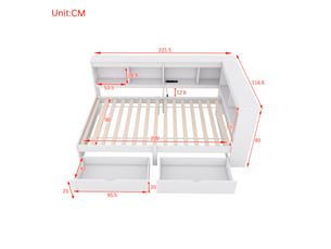 Banquette-lit 90 x 200 cm, deux tiroirs, prise et 2 ports usb, sans matelas, blanc, panneau de particules