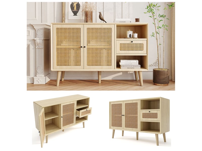 Buffet 120cm avec 1 tiroir et 2 portes magnétiques en rotin tressé avec poignées en métal noir - Conforama B