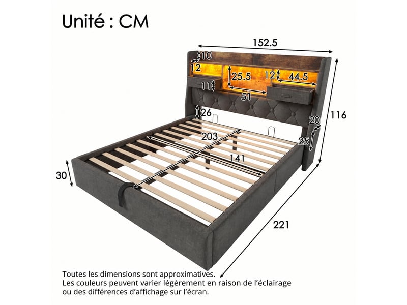 Lit coffre 140x200 avec matelas inclus, led, usb-c, lin gris - Conforama C