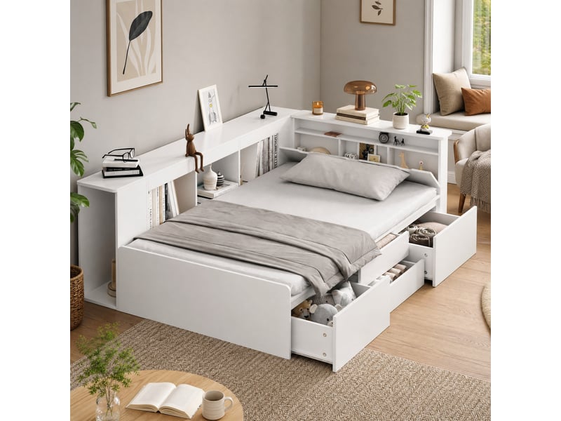  Lit enfant 90 x 200 cm avec rangements, étagères et tiroirs - blanc  - Conforama B