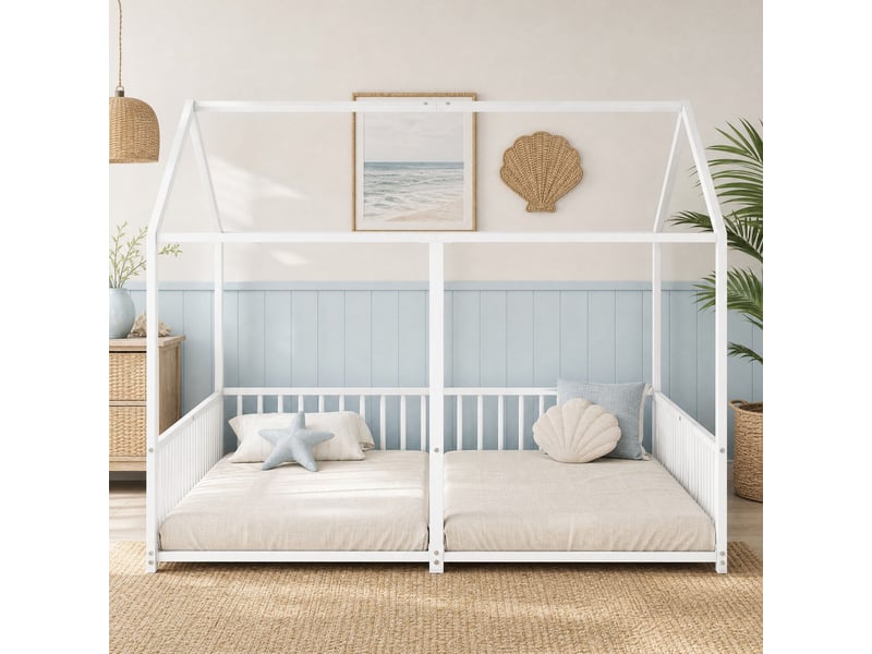  Lit superposé enfant 2 places en métal avec forme de maison, échelle et barrières, 90x200 cm, sans matelas, blanc  - Conforama B