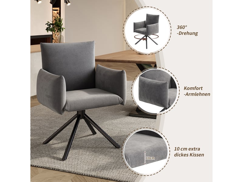  Lot de 6 chaises de salle à manger en velours gris pivotantes 360°  - Conforama C