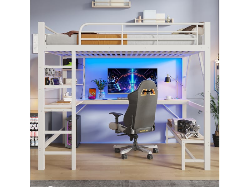  Lit mezzanine 160x200 cm avec bureau, led et prises usb type-c blanc  - Conforama E