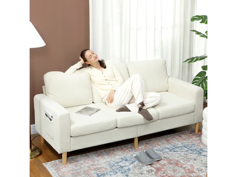  Canapé 3 places en velours côtelé, canapé avec coussins à ressorts et assise rembourré, beige, 192x80x84,5cm  - Conforama D