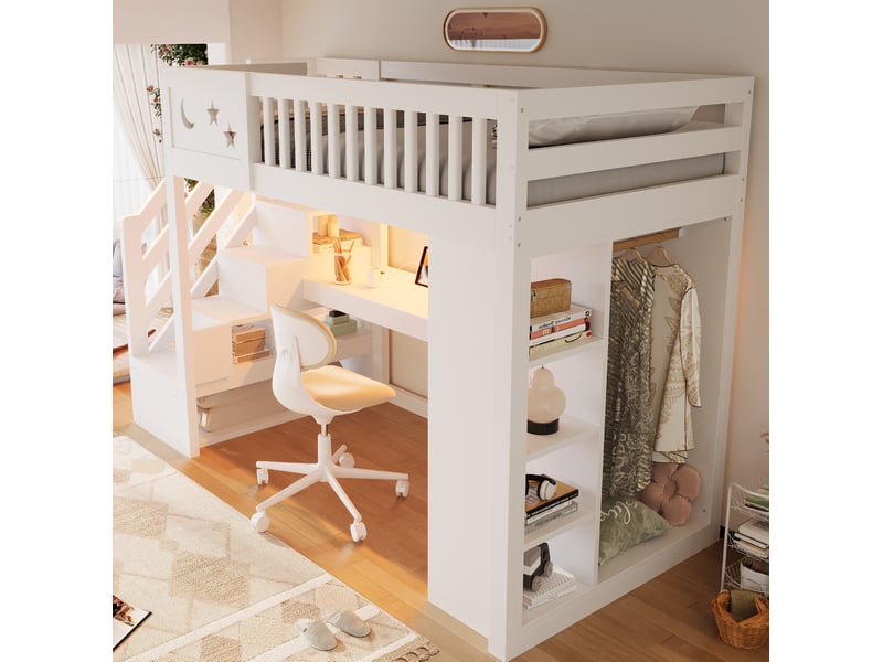  Lit mezzanine 90x200 cm blanc avec bureau, rangements et éclairage led  - Conforama E