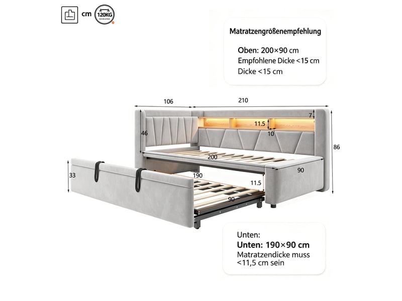  Lit gigogne 90x200cm en velours gris, couchage extensible en 180x200cm, led, usb, rangement et sommier à lattes, canapé-lit 3-en-1 pour chambre  - Conforama D
