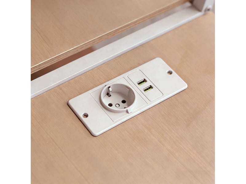  Lit mezzanine 140x200 cm – blanc – mezzanine avec escalier de rangement, support tv et prise intégrée  - Conforama E
